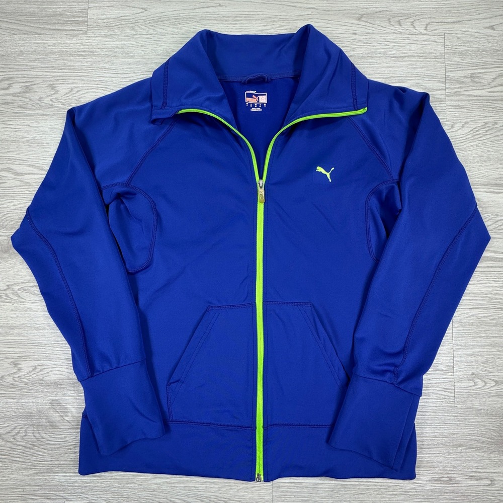 Puma Women's Track Jacket Large Blue Neon Green Full Zip Mock Neck Athletic
